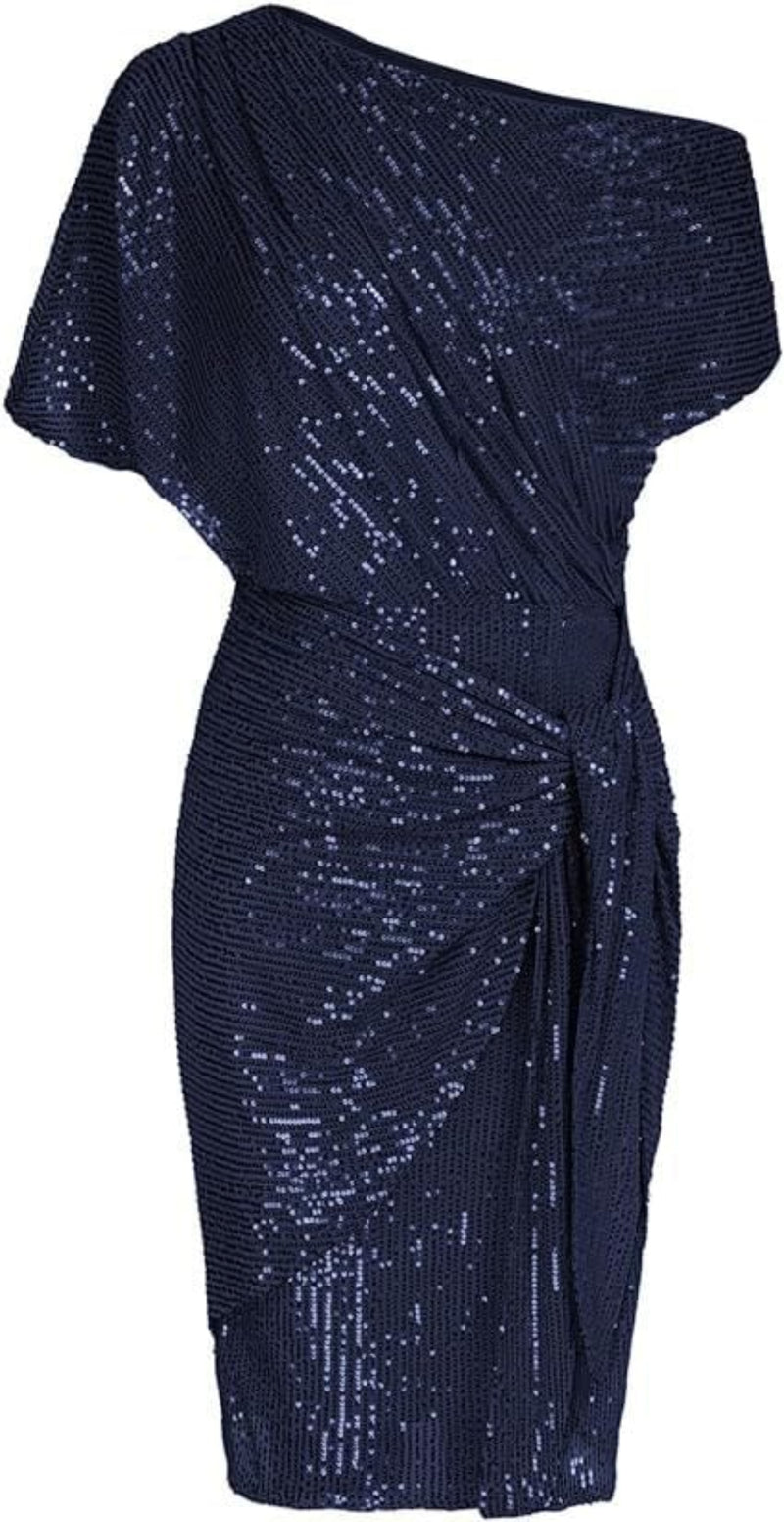 Sequined Asymmetric Off Shoulder Midi Dress