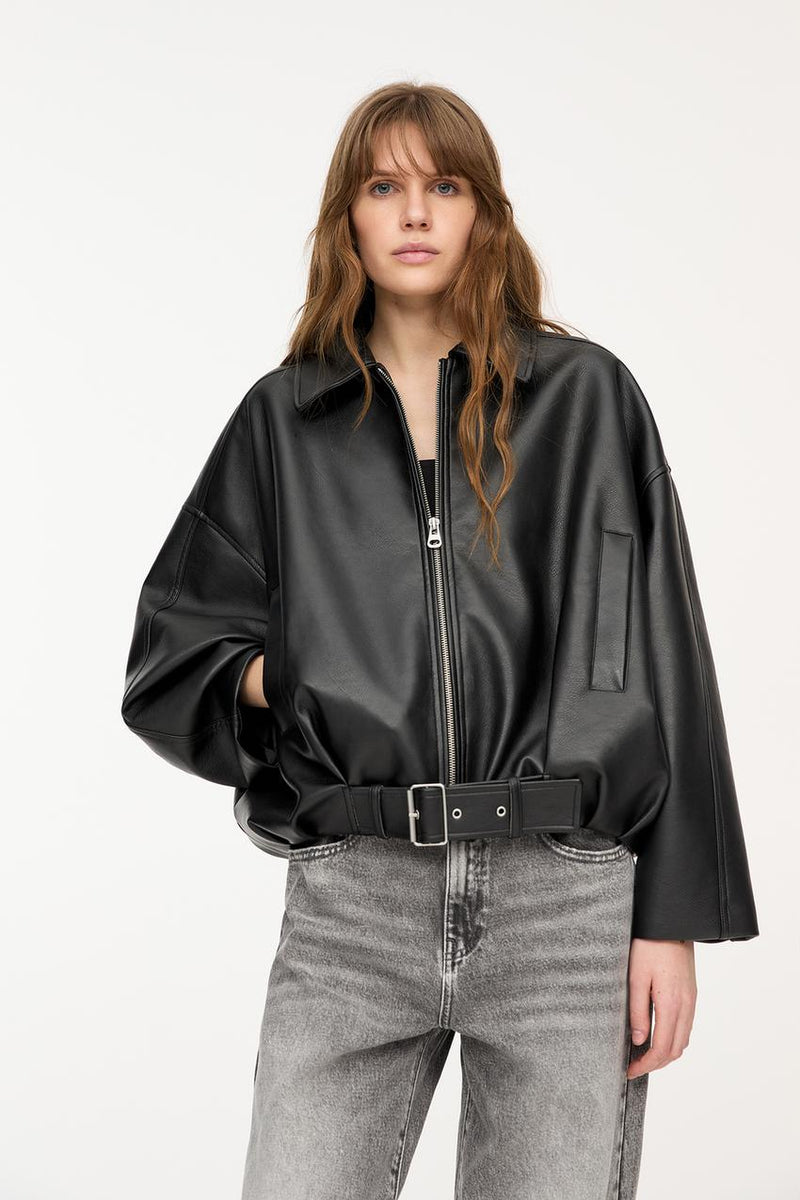 Ava Belted Faux Leather Jacket
