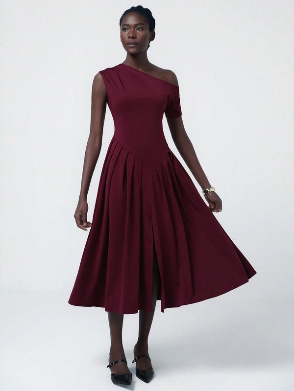 Aveloria Asymmetrical Pleat Midi Dress