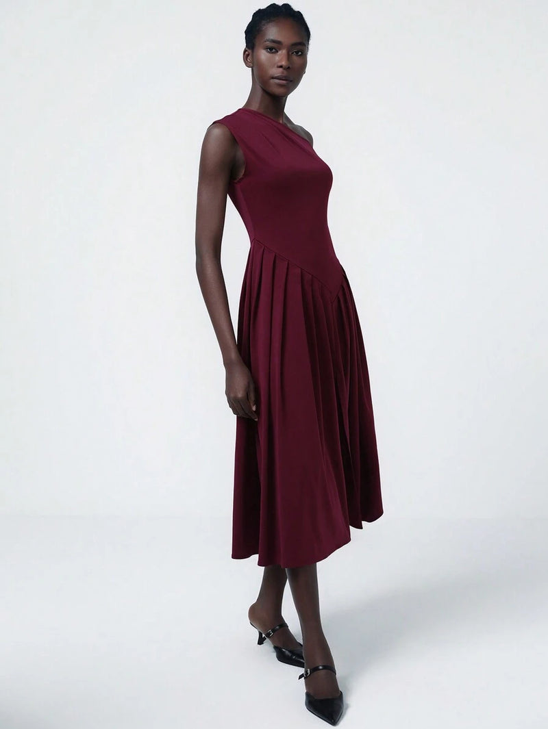 Aveloria Asymmetrical Pleat Midi Dress
