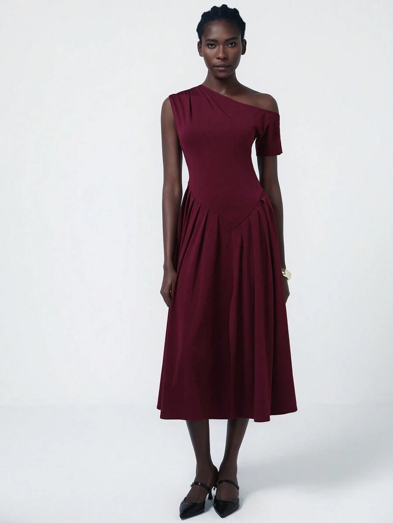 Aveloria Asymmetrical Pleat Midi Dress