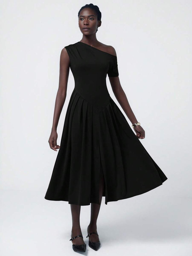 Aveloria Asymmetrical Pleat Midi Dress