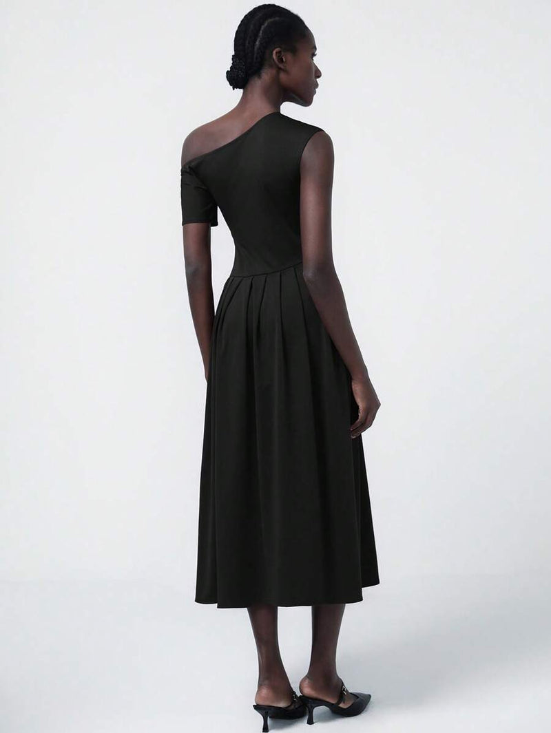 Aveloria Asymmetrical Pleat Midi Dress