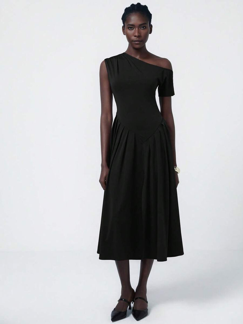 Aveloria Asymmetrical Pleat Midi Dress