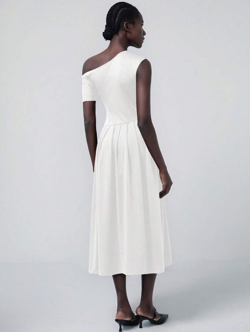 Aveloria Asymmetrical Pleat Midi Dress