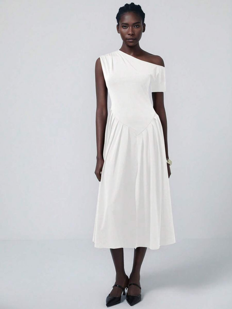 Aveloria Asymmetrical Pleat Midi Dress