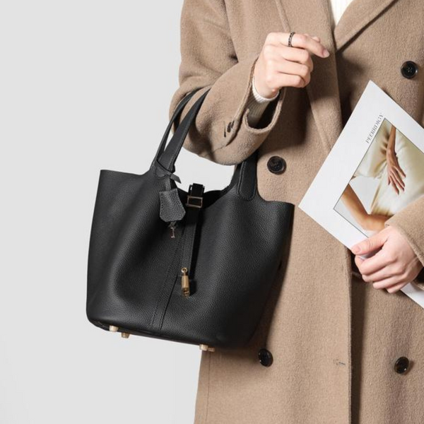 Leather Bucket Lock Bag