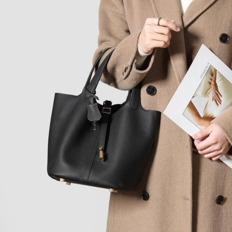 Leather Bucket Lock Bag
