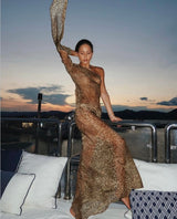 One Shoulder Leopard Maxi Dress