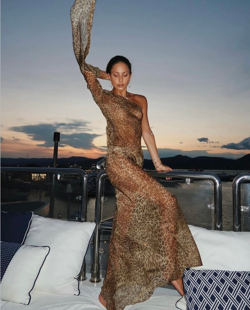 One Shoulder Leopard Maxi Dress