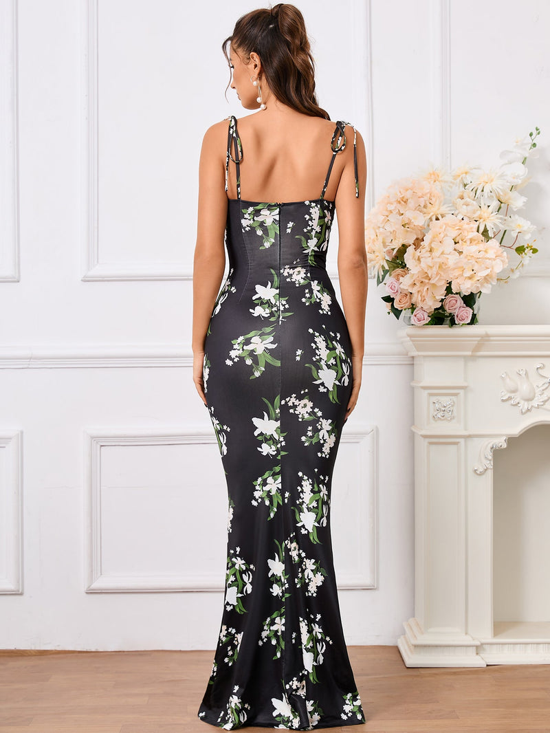 fishtail hem tie shoulder floral print prom dress#color_bkeiskei