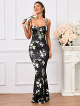 tie shoulder fishtail hem floral print prom dress#color_bkeiskei