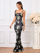 tie shoulder floral print fishtail hem prom dress#color_bkeiskei