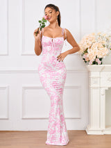 tie shoulder floral print fishtail hem prom dress#color_pprint