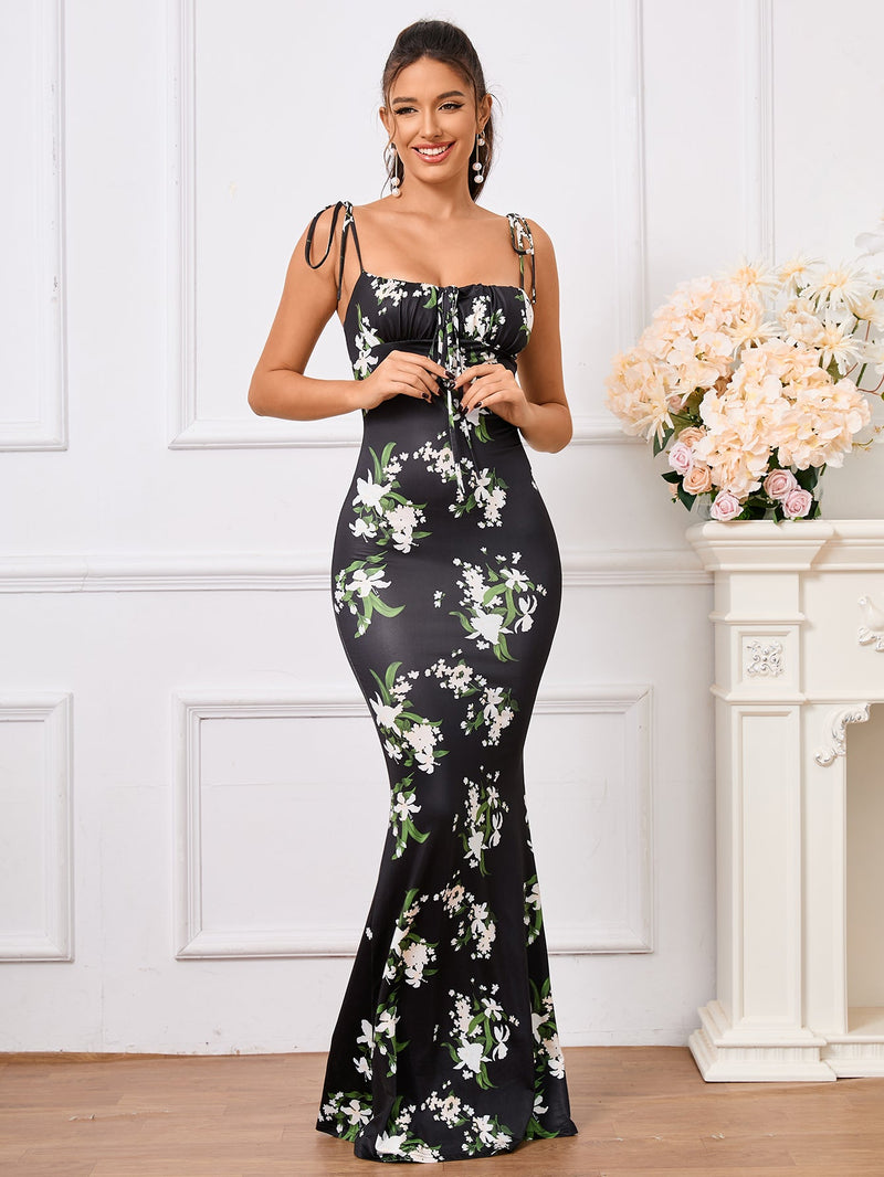 floral print tie shoulder fishtail hem prom dress#color_bkeiskei