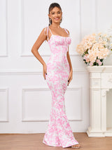 floral hem tie shoulder fishtail hem prom dress#color_pprint