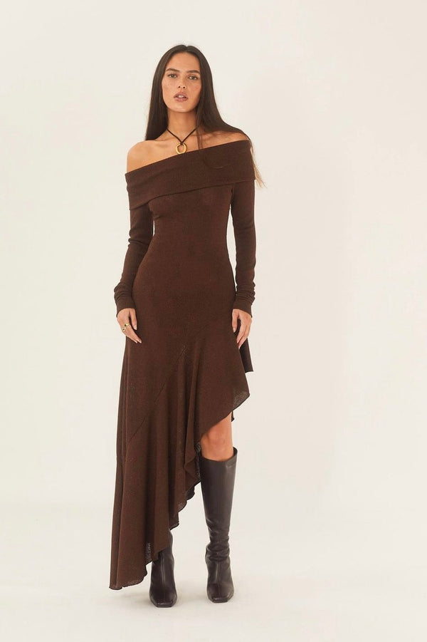 Bella Off-shoulder Flare Midi Knit Dress