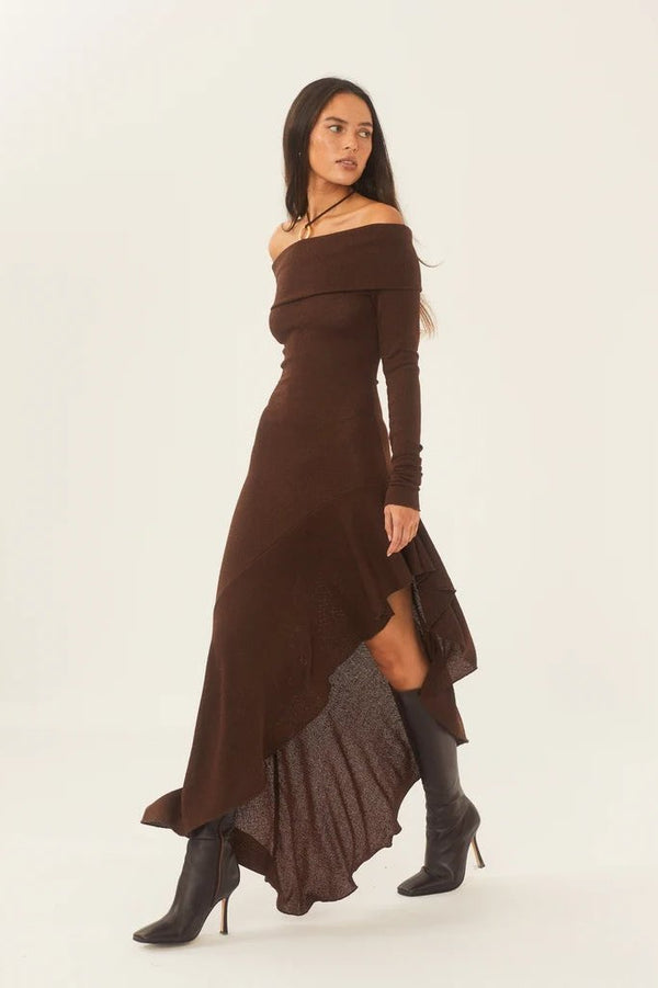 Bella Off-shoulder Flare Midi Knit Dress
