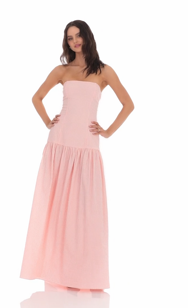 Gingham Strapless Drop Waist Maxi Dress